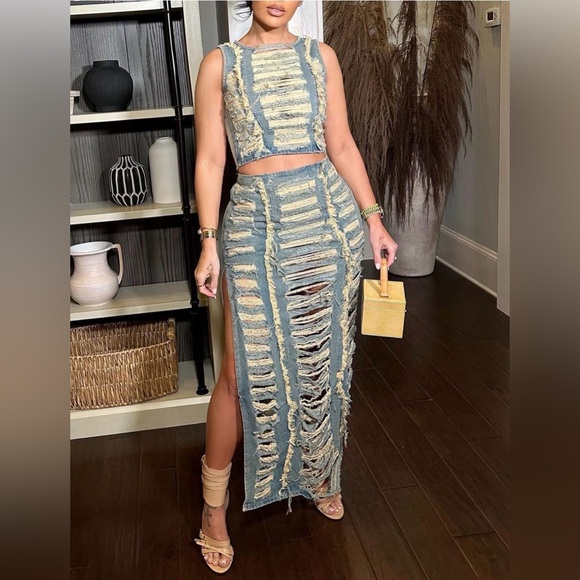 Private Label Runway Dresses & Skirts - NWT. Ripped Dark Washed Denim Crop Top With Side Slit Long Skirt